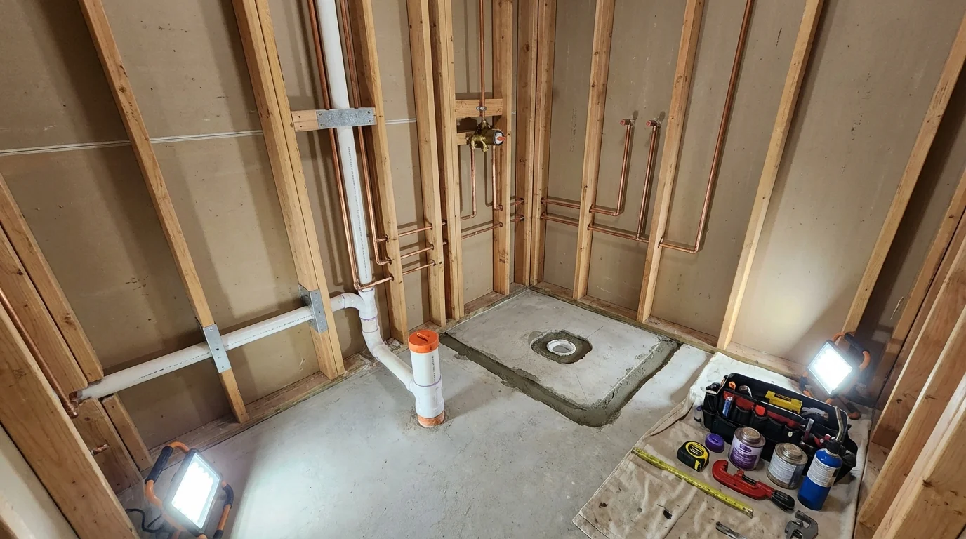 Bathroom rough-in plumbing during remodel by Johns Plumbing LLC in Eastman