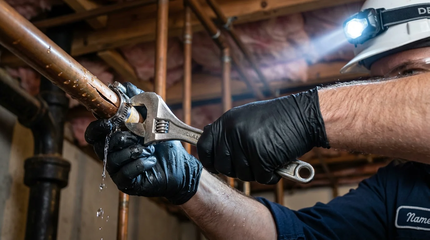 Emergency pipe clamp repair being performed by a Johns Plumbing LLC plumber in Eastman