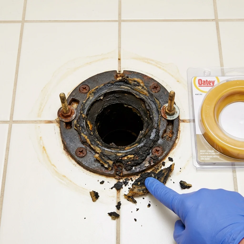 Failed wax ring showing water seepage at the base of a toilet in a Eastman, GA home
